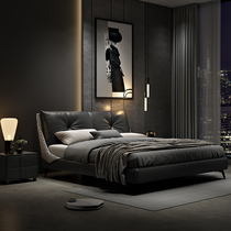 Leather bed Master bedroom light luxury simple 1 8-meter double bed wedding bed black Italian soft back modern simple low bed