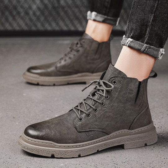 High-top leather shoes for men in autumn trend mid-top short boots men's casual work shoes British style Martin boots winter plus velvet