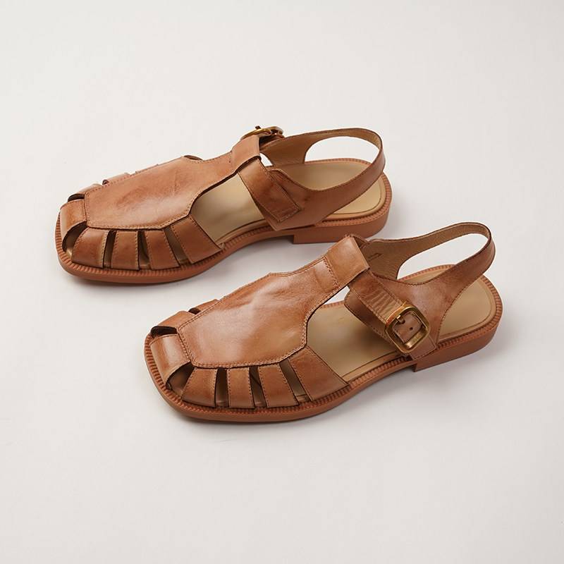 Small Carat Vintage Closed-Toe Roman Hollow Genuine Leather Sandals for Women, First Layer Cowhide, Summer Flat Low Heel, Gordanlin Small Carat Vintage Closed-Toe Roman Hollow Genuine Leather Sandals for Women, First Layer Cowhide, Summer Flat Low Heel, Gordanlin