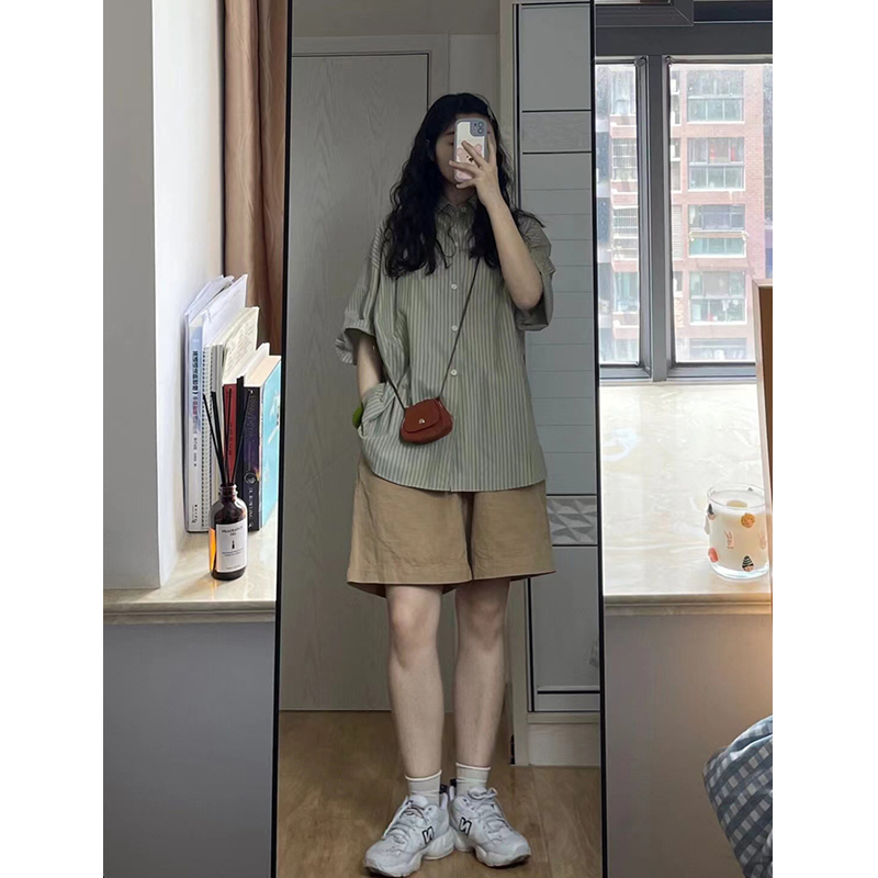 Pure Cotton Japanese-Style Khaki Casual Work Shorts for Women, New Summer Style, Petite, Loose, Slimming, Wide-Leg Knee-Length Shorts