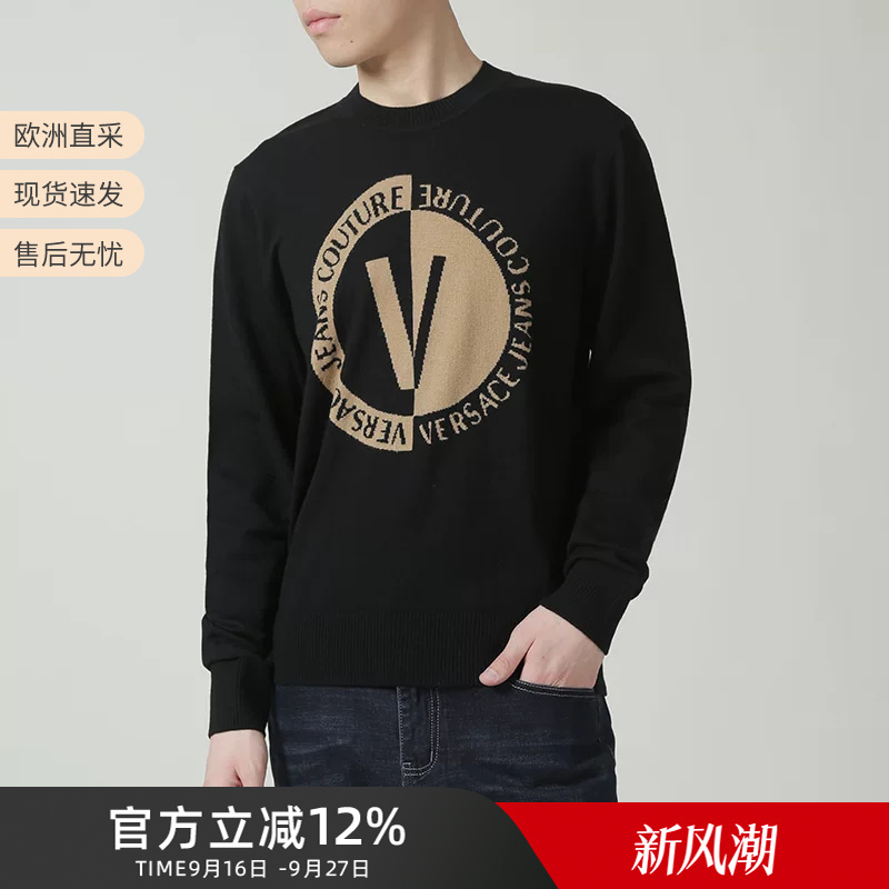 Versace Vjc Men's V-Shaped Jacquard Crew Neck Wool Sweater 75Gafm02 Cm16H Versace Vjc Men's V-Shaped Jacquard Crew Neck Wool Sweater 75Gafm02 Cm16H