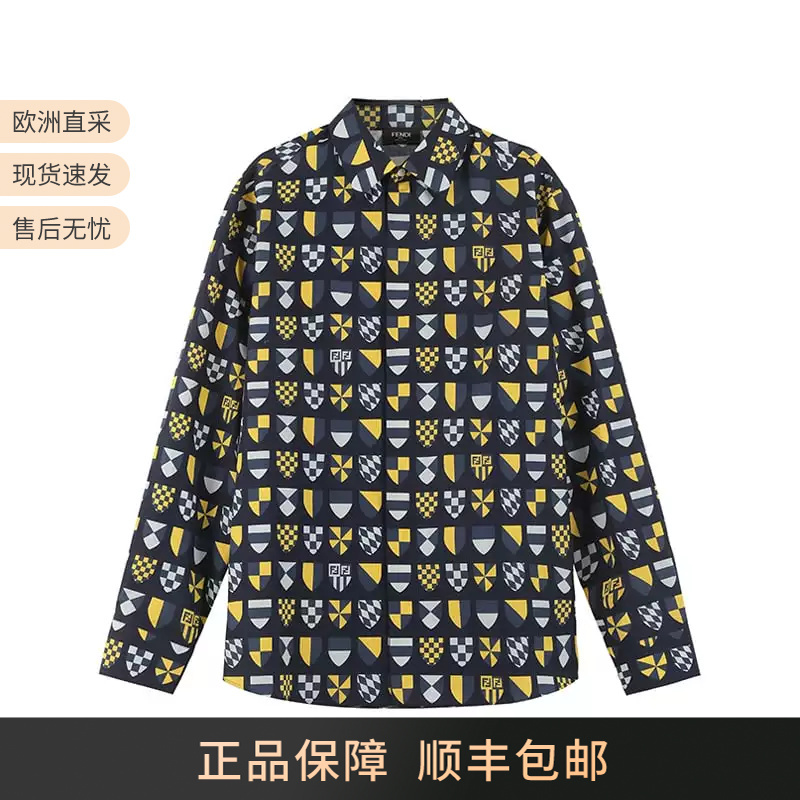 Fendi New Men's Cotton Dark Blue Color-Blocked Casual Long-Sleeved Shirt Fs1319 Au76