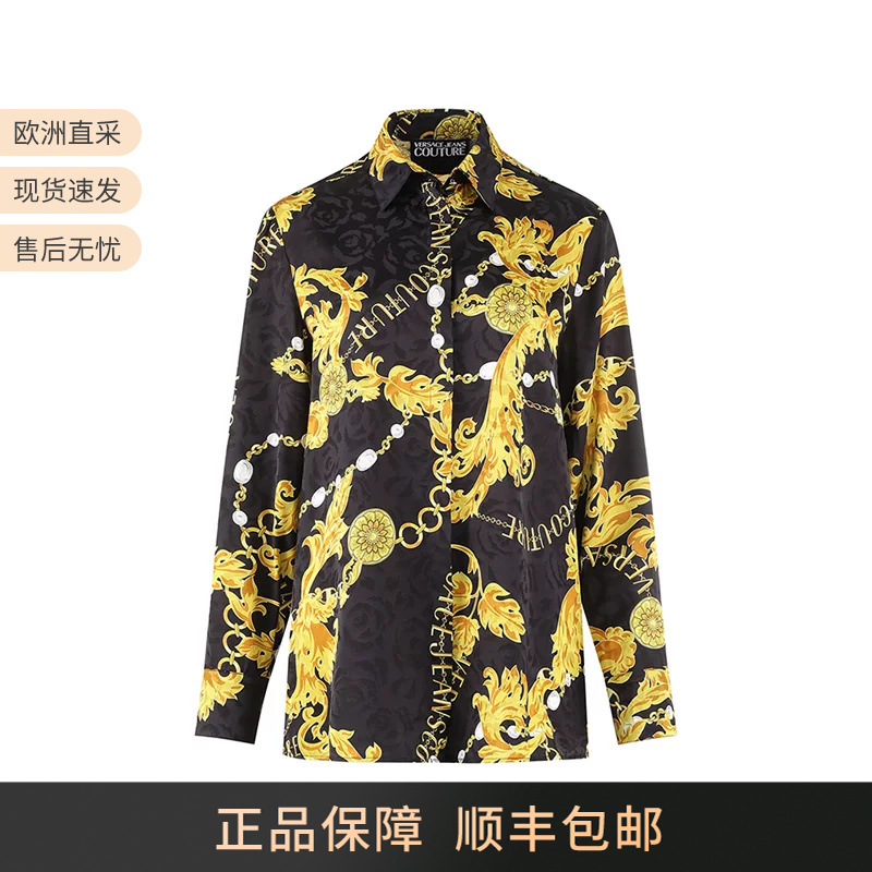 Versace Vjc Women's Baroque Black and Gold Printed Mid-Length Casual Long-Sleeved Shirt 75Hal222 Ns289 Versace Vjc Women's Baroque Black and Gold Printed Mid-Length Casual Long-Sleeved Shirt 75Hal222 Ns289