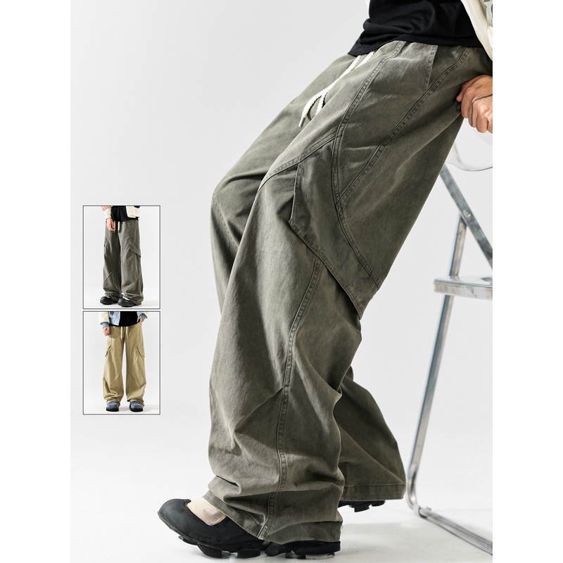 American-Style Functional Workwear Style Pure Cotton Floor-Length Pants for Men, Loose Extra-Large Size for Big and Tall Men, Multi-Pocket Deconstructed Design Wide-Leg Pants