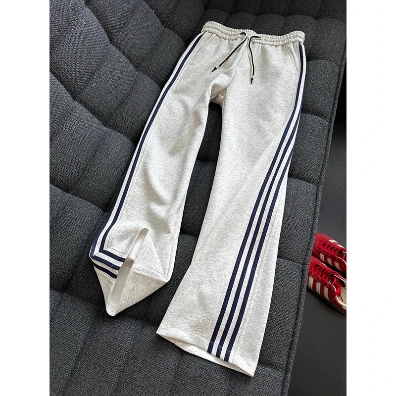 American-Style Three-Stripe White and Gray Striped Casual Pants for Men, Loose Fit, Plus Size, Straight-Leg, Sports Wide-Leg, Curved Knife Sweatpants