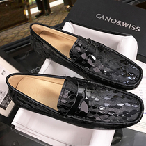 2021 summer new Doudou shoes mens leather Korean version of the trend all-match British driving lazy printed loafers