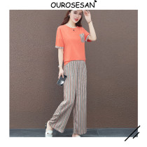 OUROSESAN Summer Sports Suit Short Sleeve Broadlegged Pants Fashion Loose Vertical Stripe Display Slim Sweatshirt Casual Wear
