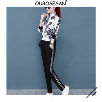 OUROSESAN casual sports suit womens fashion upright collar color sweatshirt running suit Two sets of spring and autumn season