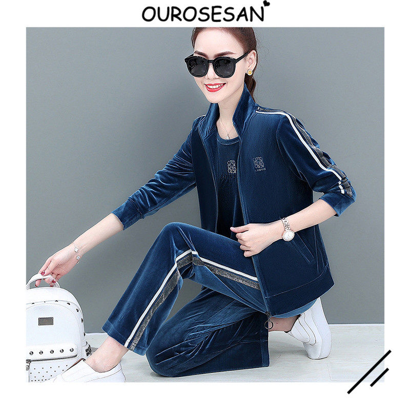 OUROSESAN GOLD VELVET CASUAL SPORTS SUIT WOMEN FASHION TIDE CARD FAT MM LARGE SIZE CUT-AGE-CUT-THREE-THREE SETS