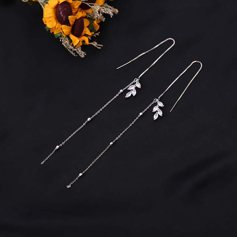s925 sterling silver studded diamond tree leaf ear wire women Korean temperament super fairy long tassel earrings small fresh and thin face