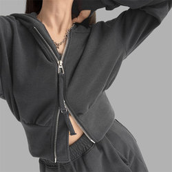 ເສື້ອເຊີດທີ່ມີເສື້ອຍືດ zipper hooded ແບບກິລາສໍາລັບແມ່ຍິງໃນລະດູໃບໄມ້ປົ່ງແລະລະດູຫນາວວ່າງແອວ slimming retro ເສື້ອຢືດແຂນຍາວສັ້ນ