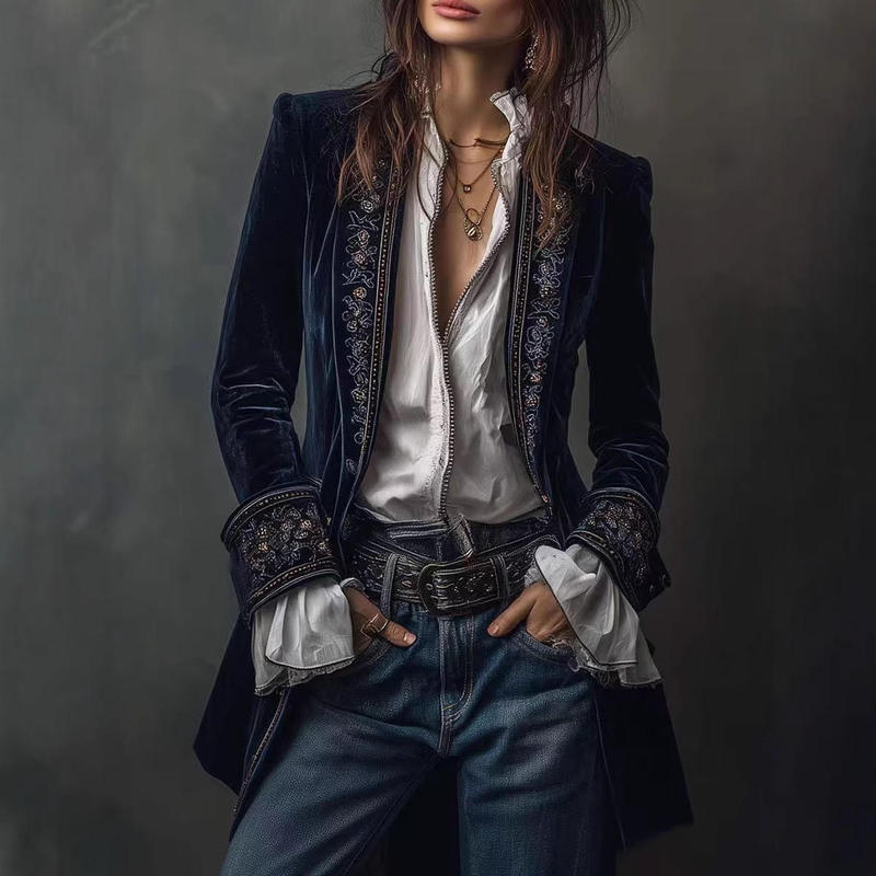 2025 European and American Women's Clothing Amazon Independent Site Aliexpress Long-Sleeve Solid Color Patchwork Lace Velvet Jacket