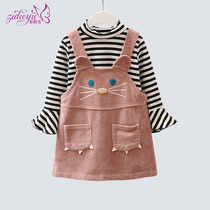 Childrens clothing girls autumn suit 2021 New Korean version corduroy vest skirt striped jacket foreign style two-piece set