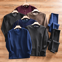 One-line cutting mark ~ plus velvet and thickening foreign trade tail goods winter mens solid color thick round neck long-sleeved warm suit