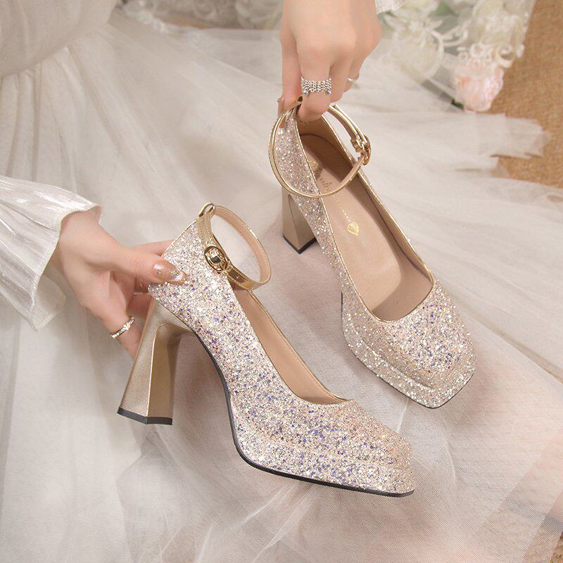 Wedding shoes with high heel shoes 2023 autumn winter new light mouth coarse heel Waterproof Terrace Crystal Wedding Shoes Princess Square Head-Taobao