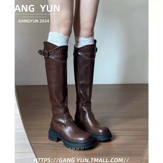 美拉德不过膝长筒靴女2025新款秋季粗跟厚底高筒靴西部牛仔骑士靴