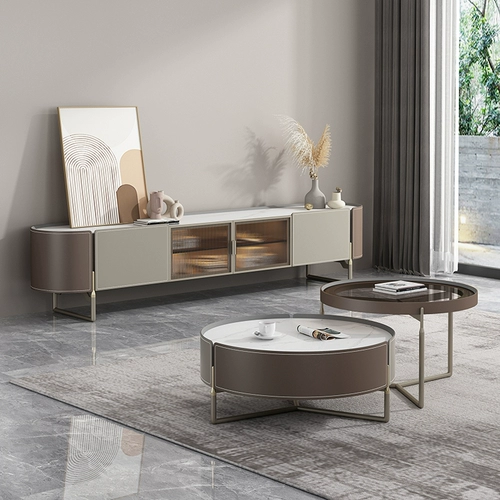 Седловая кожа размер круглый кофейный столик Комбинированный легкий роскошный современный минималистская гостиная Яркая светлая скала с загрязненными стеклянными столешницами