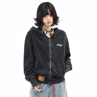 OV原创美式做旧水洗加宽螺纹短款连帽卫衣女秋季显瘦收腰开衫外套