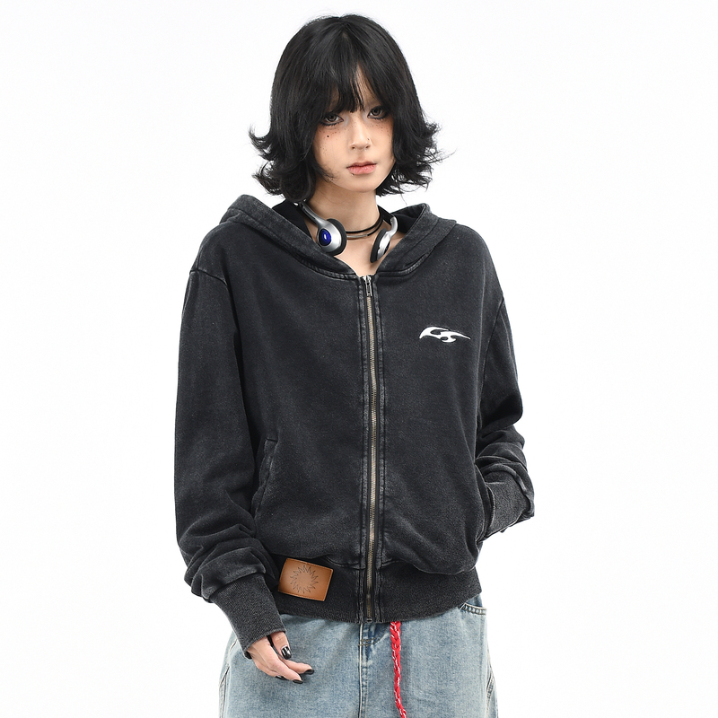 Ov Original American-Style Distressed Washed Wide Ribbed Short Hooded Sweatshirt for Women, Spring Slimming Waist-Cinching Cardigan Jacket