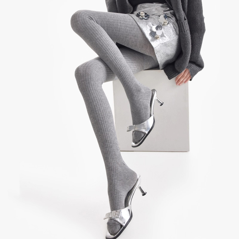 Japanese Noih Gray Wool Fleece-Lined Leggings for Women, Autumn and Winter Warm Thickened Outerwear Vertical Striped Tights