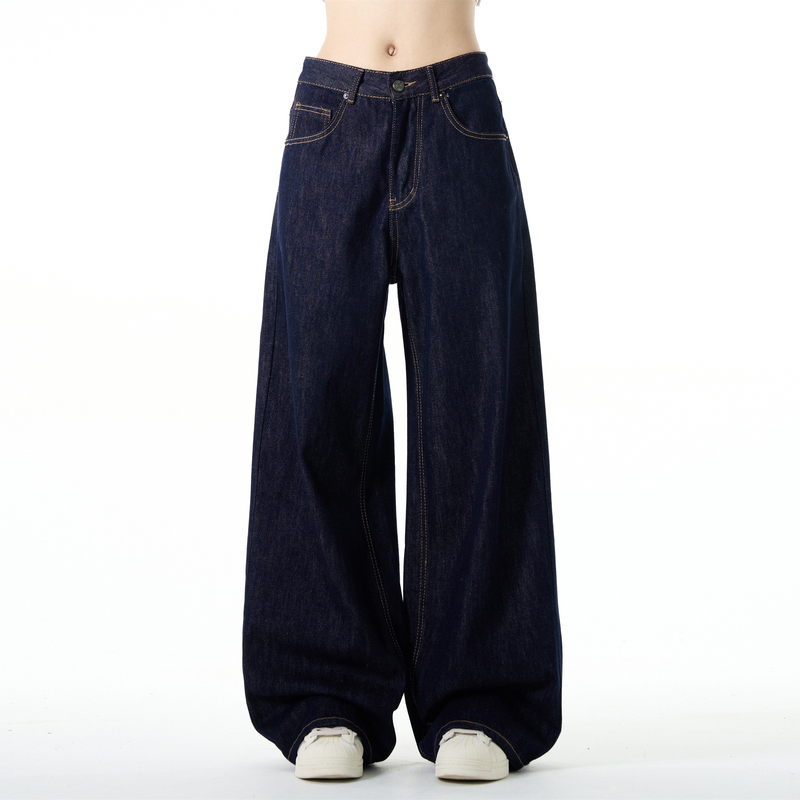 Flyoff Street Style Straight Wide-Leg Dark Blue Jeans for Men and Women, Vintage Versatile Casual Relaxed Floor-Length Pants