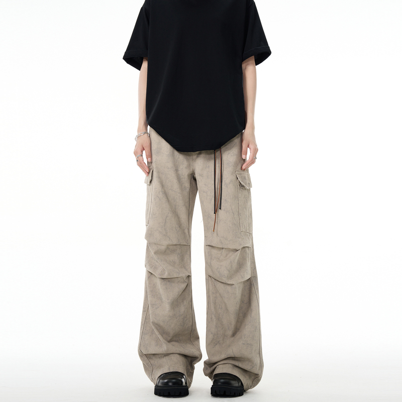 Flyoff【Marble Pattern】Pleated Pocket Straight Cargo Pants Casual Paratrooper Pants American Style Trousers Flyoff【Marble Pattern】Pleated Pocket Straight Cargo Pants Casual Paratrooper Pants American Style Trousers