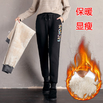 Autumn and winter lambskin sweatpants womens velvet thickened casual pants high waist loose beam outside the feet wear warm sweatpants