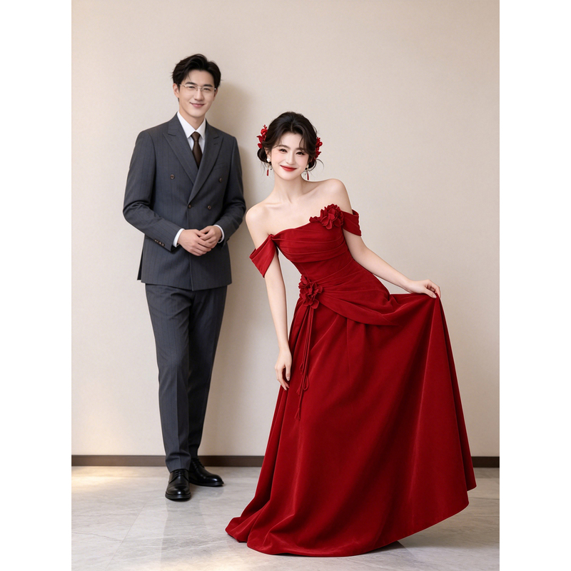 Bridal Toast Dress 2026 New Style Red Off-Shoulder Wedding Engagement Dress High-End Light Luxury Morning Gown Homecoming Dress Bridal Toast Dress 2026 New Style Red Off-Shoulder Wedding Engagement Dress High-End Light Luxury Morning Gown Homecoming Dress