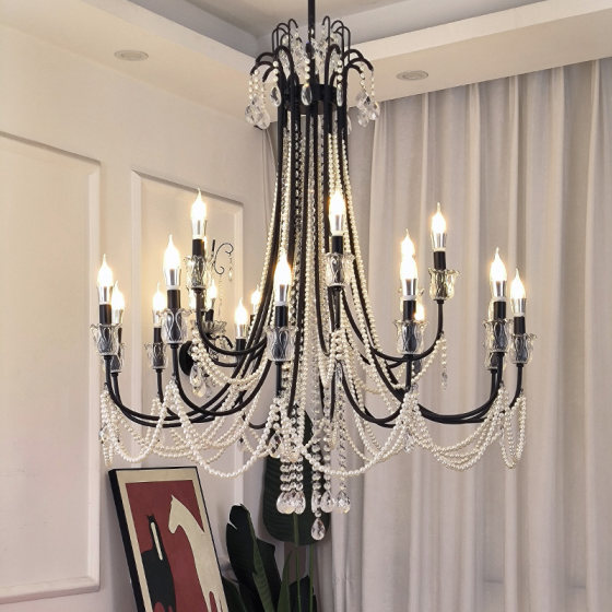 French-Style Crystal Staircase Chandelier with a High-End Feel, Vintage Villa Black Candle Lamp, Hotel Lobby Designer Living Room Lamp