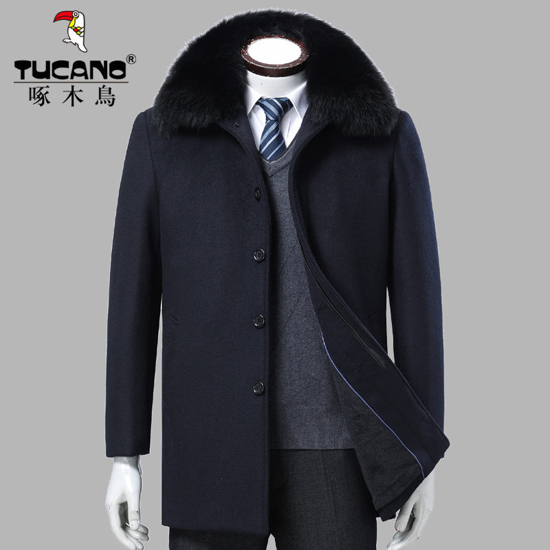 Woodpecker fox fur collar cashmere Grand coat men's medium long version Business Dad clothing wool Hooker Jacket Plus Suede Thickened