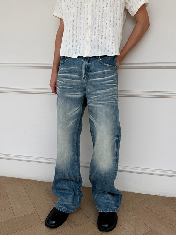 Mutt 26W High-End Line, Deep Blue with White Streaks, Three-Dimensional Whiskers, A-Line Denim, Washed Blue Denim