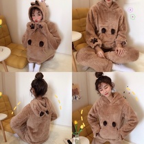 Coral velvet pajamas womens winter cute cartoon thickened flannel Korean version of the student autumn and winter homewear suit brown bear