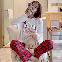 Pajamas womens spring and autumn cotton long-sleeved cute Korean version of the thin section can wear cotton home clothes two-piece suit dance