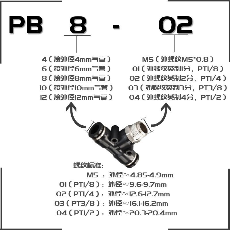 Pneumatic PB04 6 8 10 12mm-M5 01 2 3 4 Quick insertion pipe T external thread three-way connector