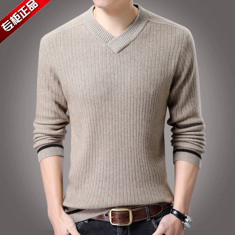 Ordos trung niên áo len cổ chữ V áo len nam dày áo len cashmere ấm áp trang phục cha - Áo len Cashmere