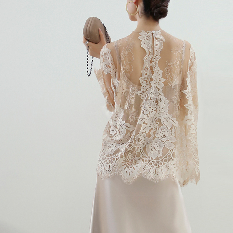 Vb LAOSHU Genuine Lace Blouse Base Layer Sun-Protective Lace Top Women's Long-Sleeve Hollow-Out T-Shirt Sexy Inner Wear