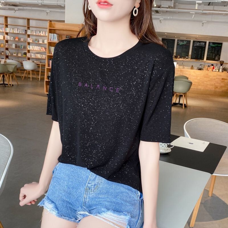 New Ice Silk Loose-Fitting Black T-Shirt with Short Sleeves for Women, Featuring Sparkling Sequins, Trendy Summer Fashion, Versatile and Trendy Style New Ice Silk Loose-Fitting Black T-Shirt with Short Sleeves for Women, Featuring Sparkling Sequins, Trendy Summer Fashion, Versatile and Trendy Style