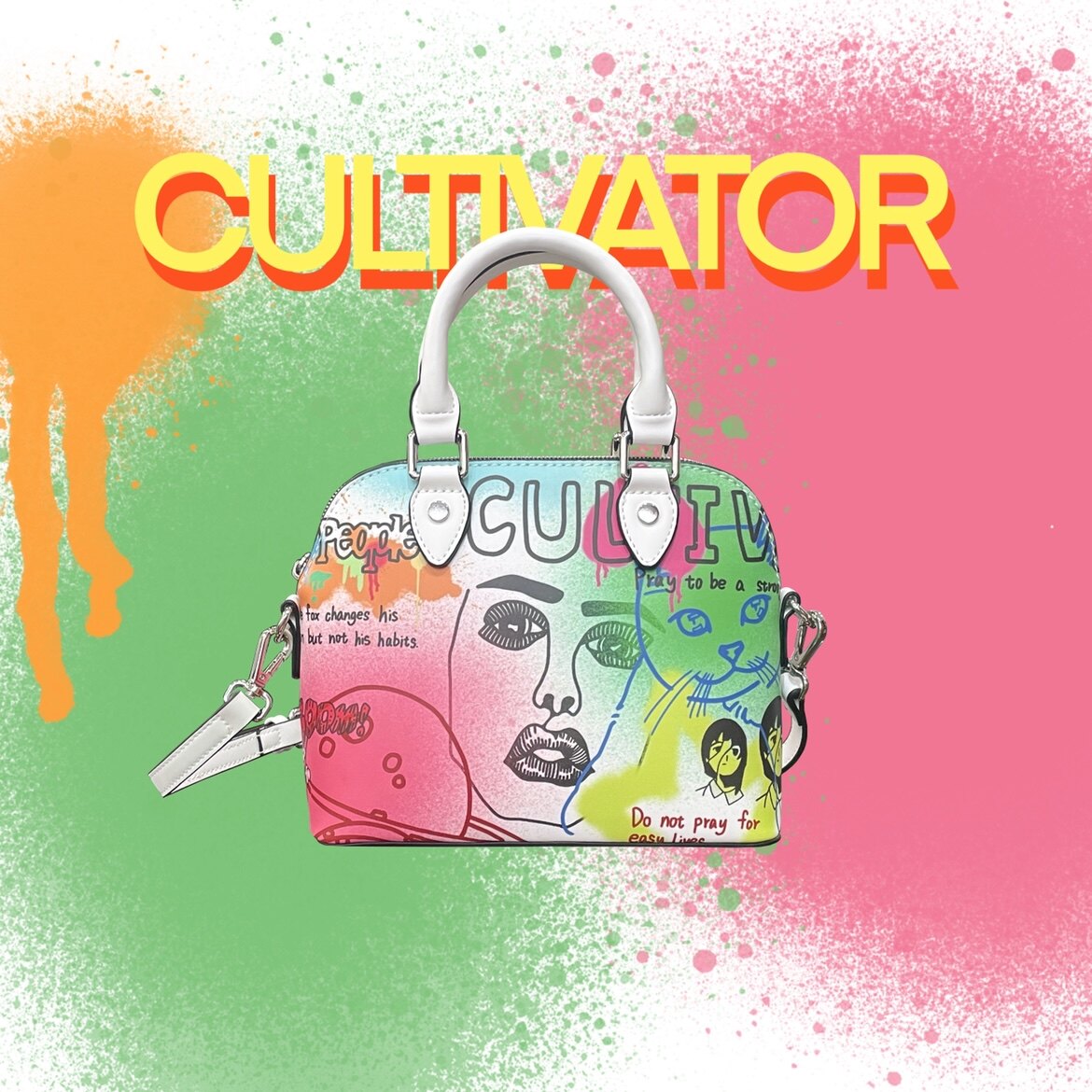 Cultivator Original Trend Personality Street European and American cartoon graffiti white leather bag