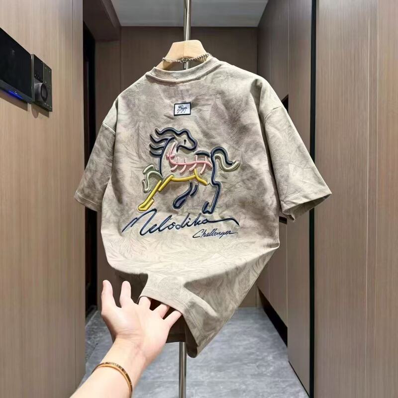 Summer New Trendy Chinese Style Pony Embroidery Short-Sleeve T-Shirt Men's Trendy Brand Round Neck Pullover Casual Top