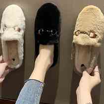 Net red bag head half slipper female outside wearing 2021 autumn winter new fur slippers flat bottom casual cotton drags