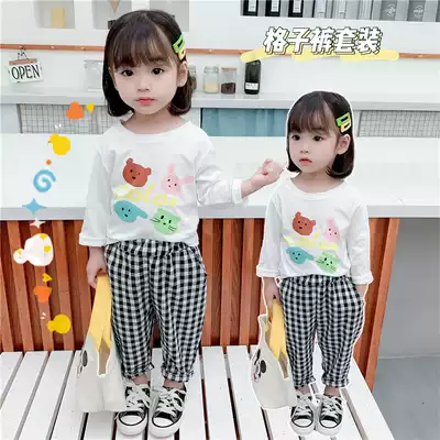 Girls spring 2021 new foreign school children baby spring suit 3-year-old children spring and autumn long-sleeved T-shirt plaid pants
