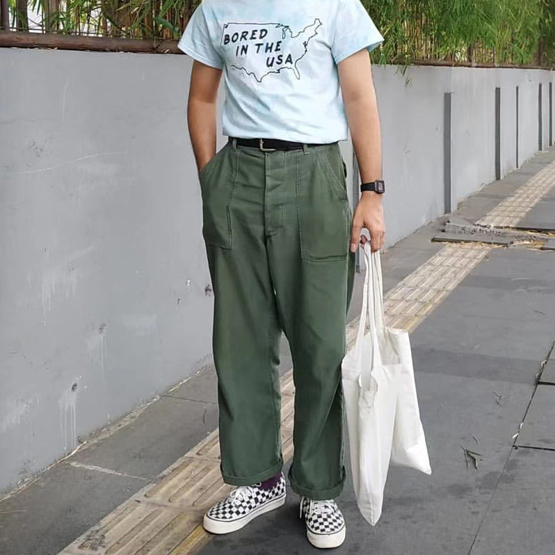 American Retro Amekaji Og107 Military-Style Trousers, Loose-Fitting, Replica Army Green Straight-Leg Cargo Pants, Vintage
