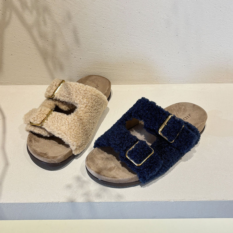Thick-Soled Soft-Soled soft sole Comfortable Furry Shoes for Women, 2026 Autumn New Style Double Buckle Birkenstock-Style Slip-On Slippers for Outdoor Wear