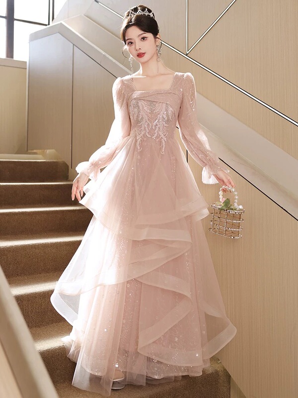 Evening Dress with Long Sleeves, New Style for Banquets, High-End, Light Luxury, Niche, Elegant, Atmospheric, Suitable for Annual Meetings, Hostess Gauze Dress