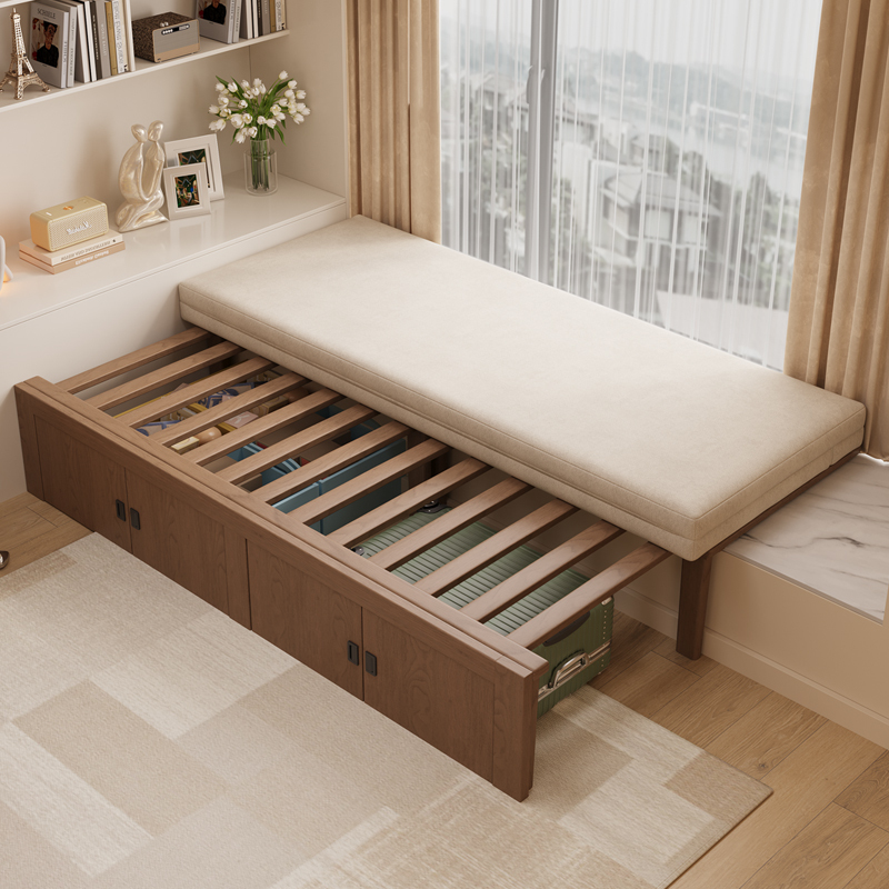 Multifunctional Retractable Sofa Bed with Integrated Tatami and Solid Wood Pull-Out Bed for Bay Window Transformation, with Storage Bed Frame Multifunctional Retractable Sofa Bed with Integrated Tatami and Solid Wood Pull-Out Bed for Bay Window Transformation, with Storage Bed Frame