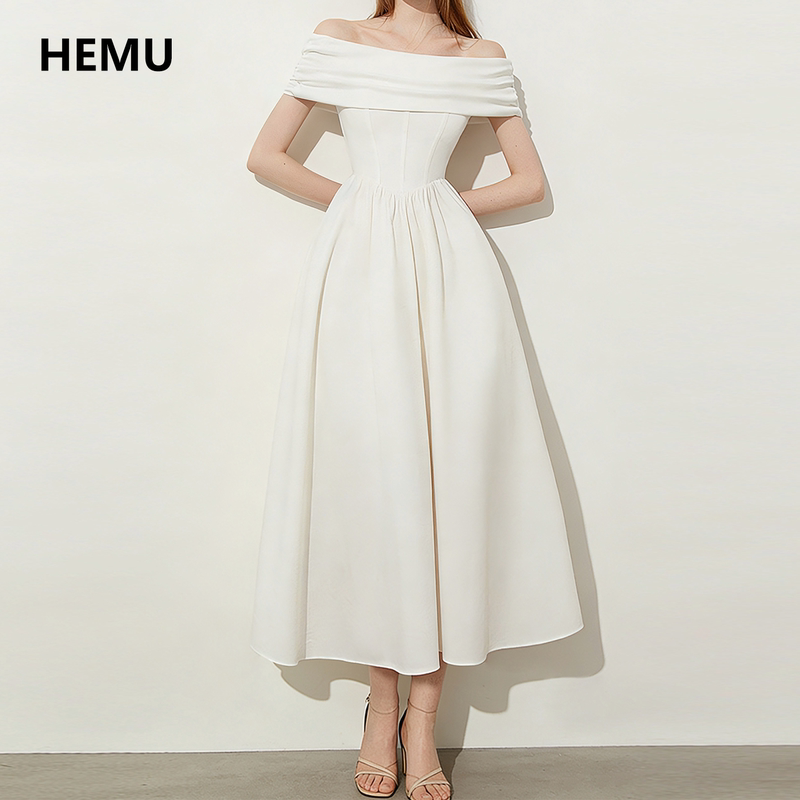 White Dress for Women, French Off-Shoulder Engagement Dress, White Dress for Marriage Registration, Cinched Waist Long Dress, Beach Outfit for Summer and Autumn
