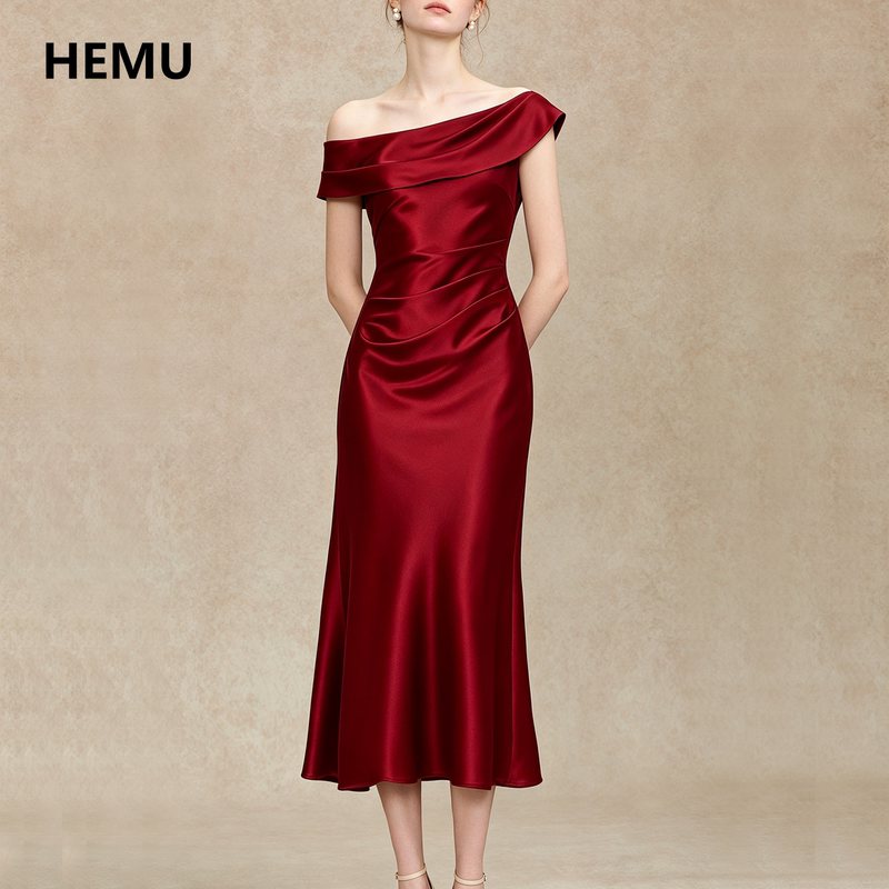 Satin Red Dress for Women, French Off-Shoulder Engagement Toast Dress, Slim Long Dress, High-End Feel for Important Occasions Satin Red Dress for Women, French Off-Shoulder Engagement Toast Dress, Slim Long Dress, High-End Feel for Important Occasions