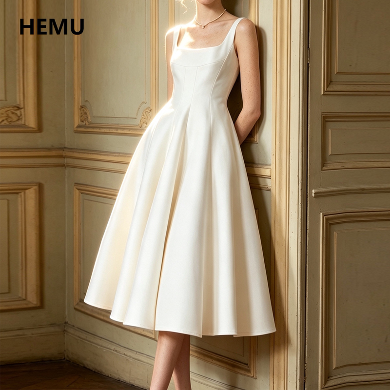 White Spaghetti Strap Dress for Women, French Engagement and Marriage Registration White Dress, Princess Puffy Gorgeous Long Dress, Birthday Dress