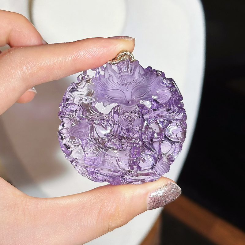 【Exquisitely Carved Immortal Fox Pendant】Collection of Hair Crystal Rabbit Hair Crystal Nine-Tailed Fox with Green Phantom Stone Three-Dimensional Carving Pieces