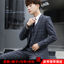 Mens suit suit three-piece casual suit mens jacket slim Korean groom wedding best man dress trend